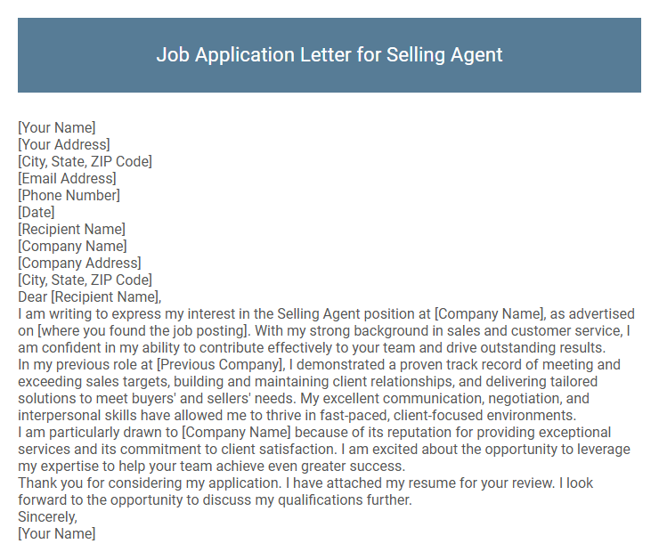 Job Application Letter for Selling Agent