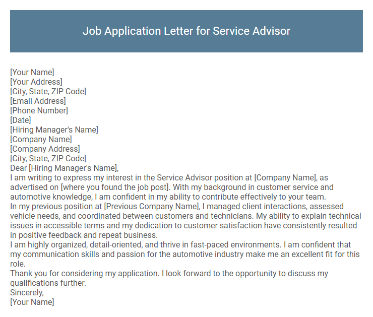 Job Application Letter for Service Advisor