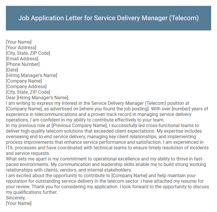 Job Application Letter for Service Delivery Manager (Telecom)