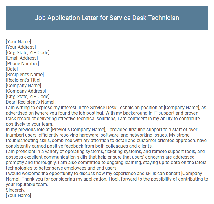 Job Application Letter for Service Desk Technician