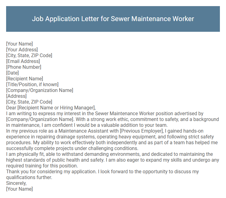 Job Application Letter for Sewer Maintenance Worker