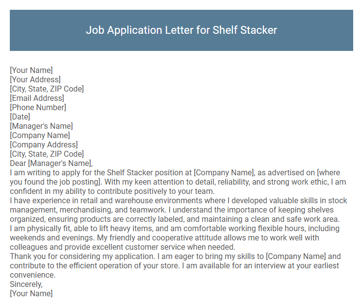Job Application Letter for Shelf Stacker