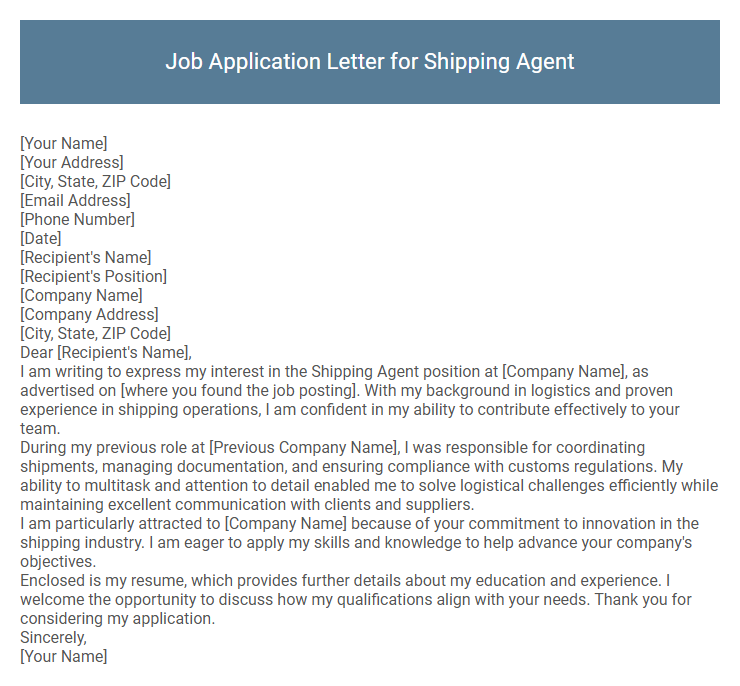 Job Application Letter for Shipping Agent