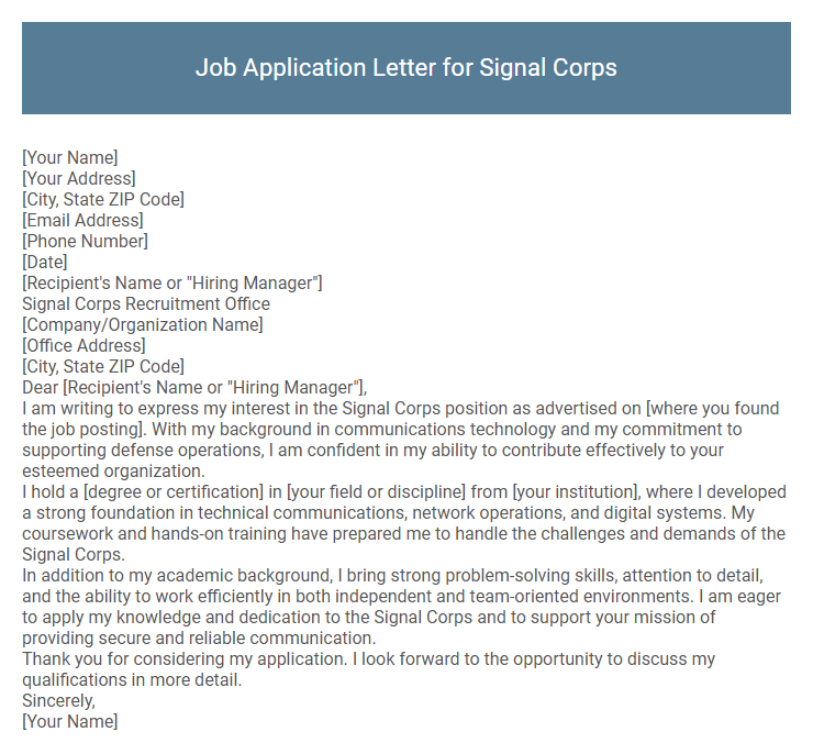 Job Application Letter for Signal Corps