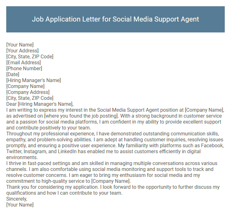 Job Application Letter for Social Media Support Agent