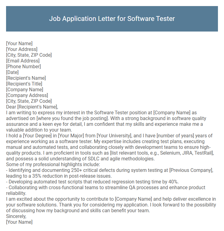 Job Application Letter for Software Tester