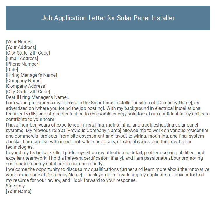 Job Application Letter for Solar Panel Installer