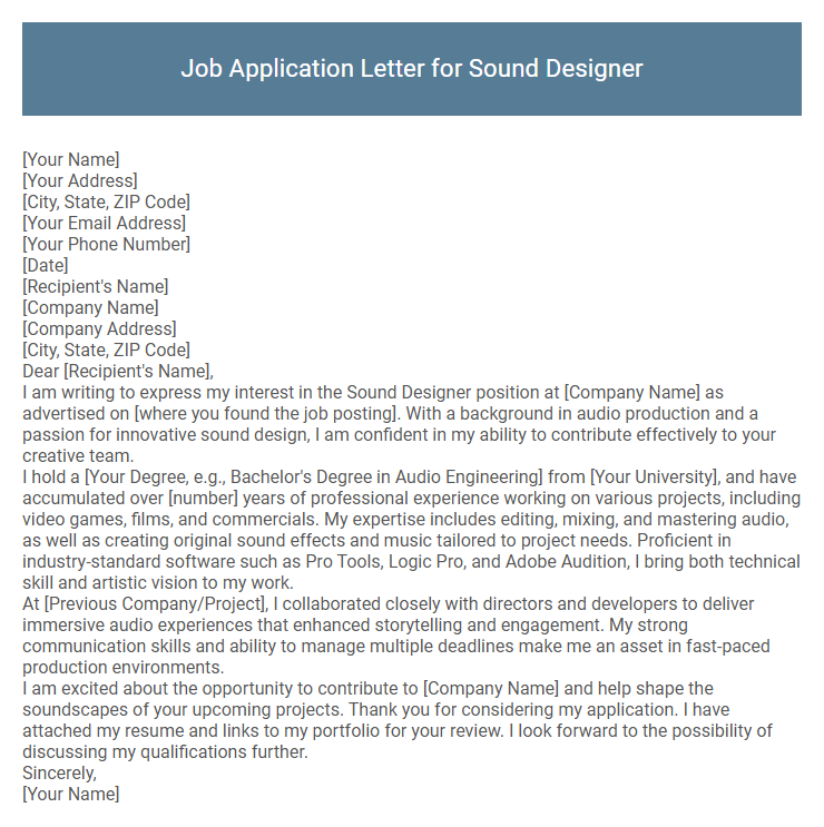 Job Application Letter for Sound Designer