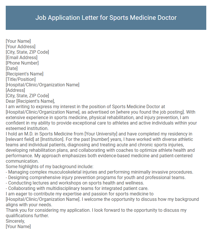 Job Application Letter for Sports Medicine Doctor