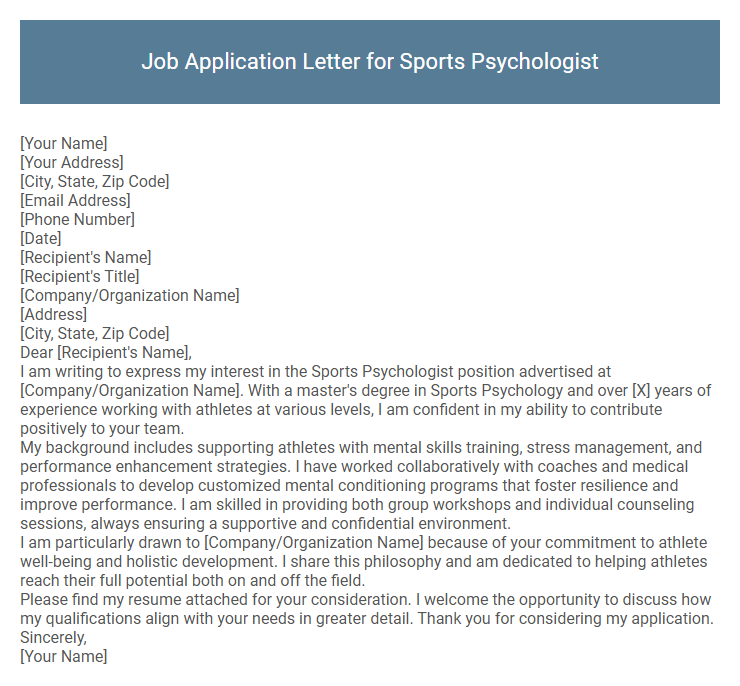 Job Application Letter for Sports Psychologist