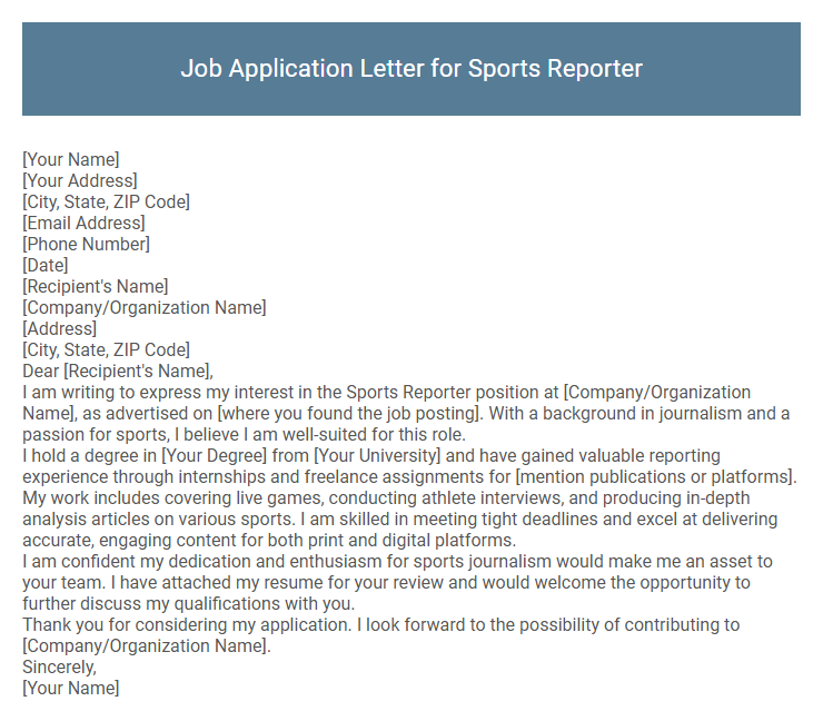 Job Application Letter for Sports Reporter