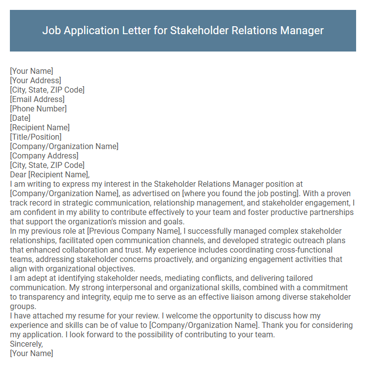 Job Application Letter for Stakeholder Relations Manager