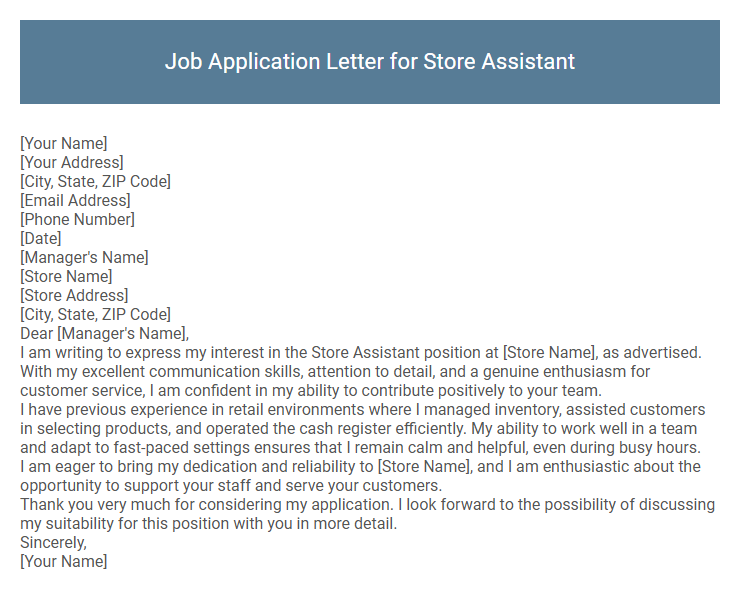 Job Application Letter for Store Assistant