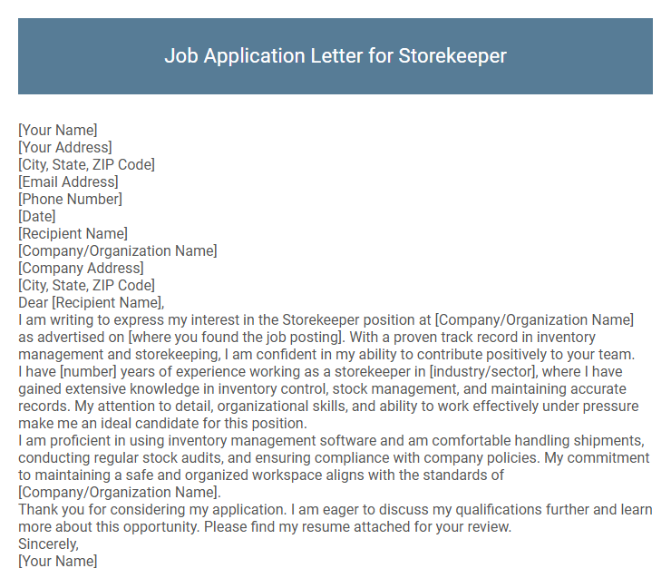 Job Application Letter for Storekeeper