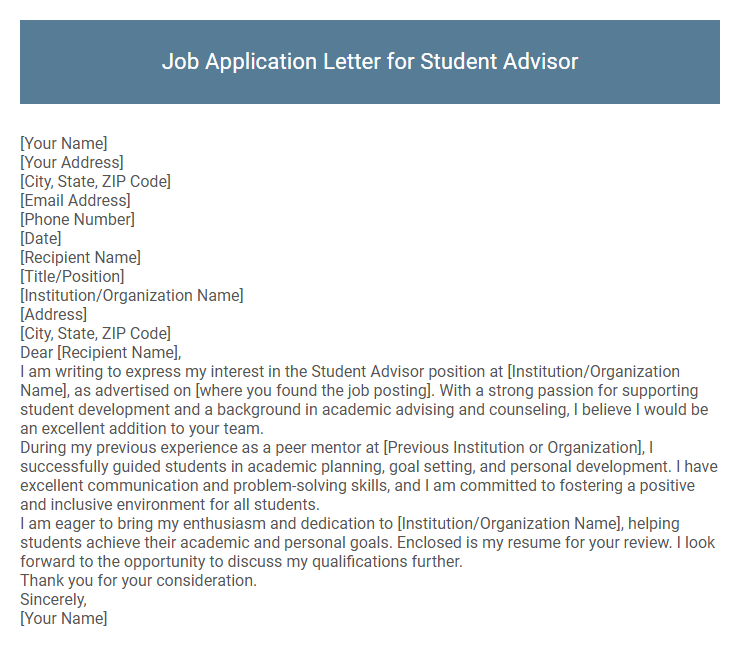 Job Application Letter for Student Advisor