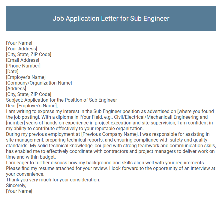 Job Application Letter for Sub Engineer