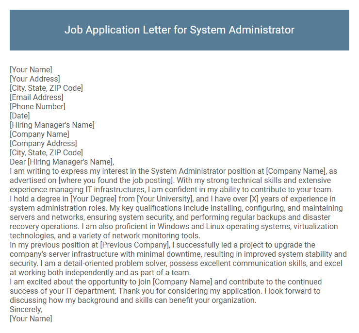 Job Application Letter for System Administrator