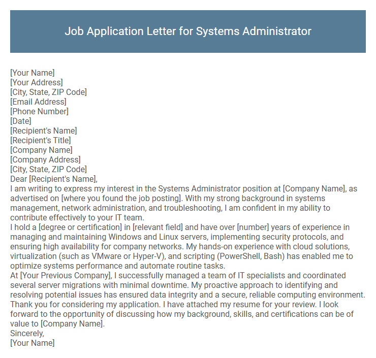 Job Application Letter for Systems Administrator