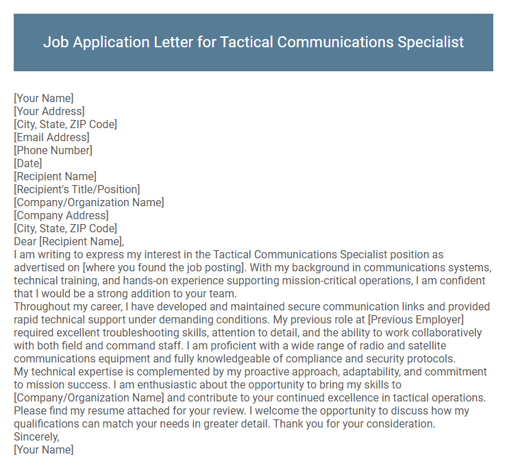 Job Application Letter for Tactical Communications Specialist