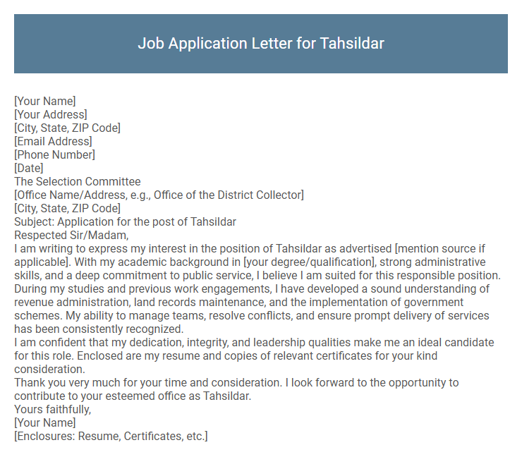 Job Application Letter for Tahsildar