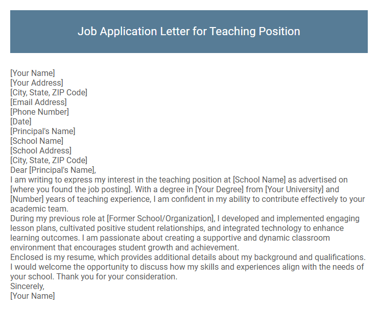 Job Application Letter for Teaching Position