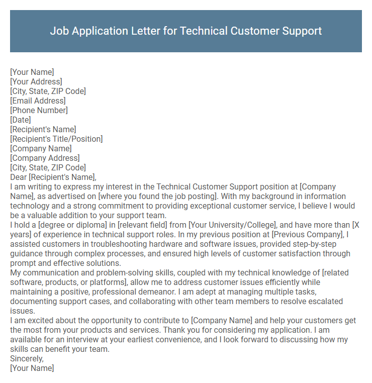 Job Application Letter for Technical Customer Support