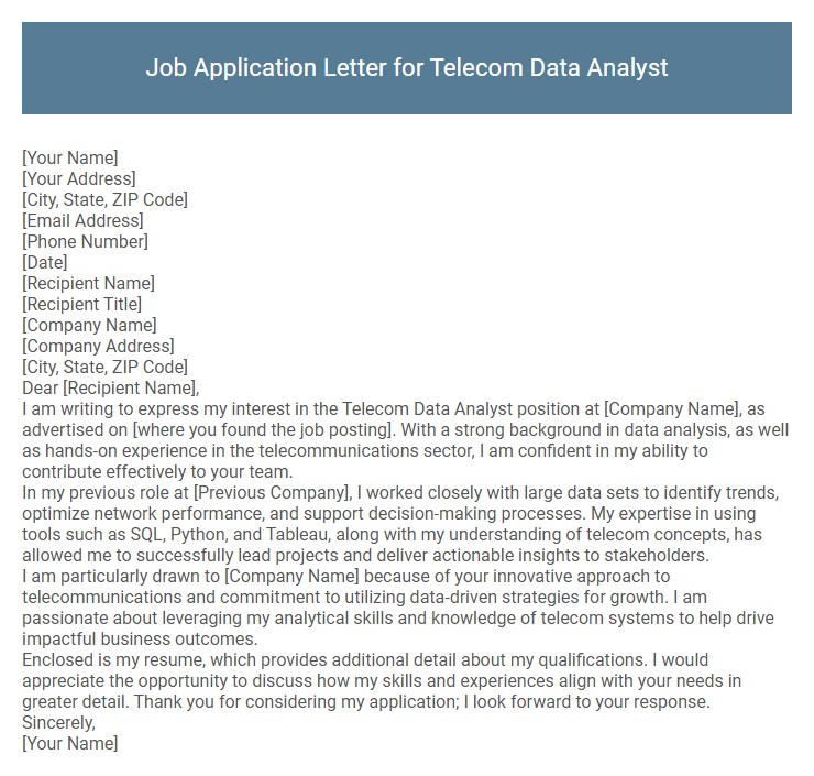 Job Application Letter for Telecom Data Analyst