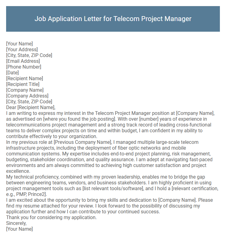 Job Application Letter for Telecom Project Manager
