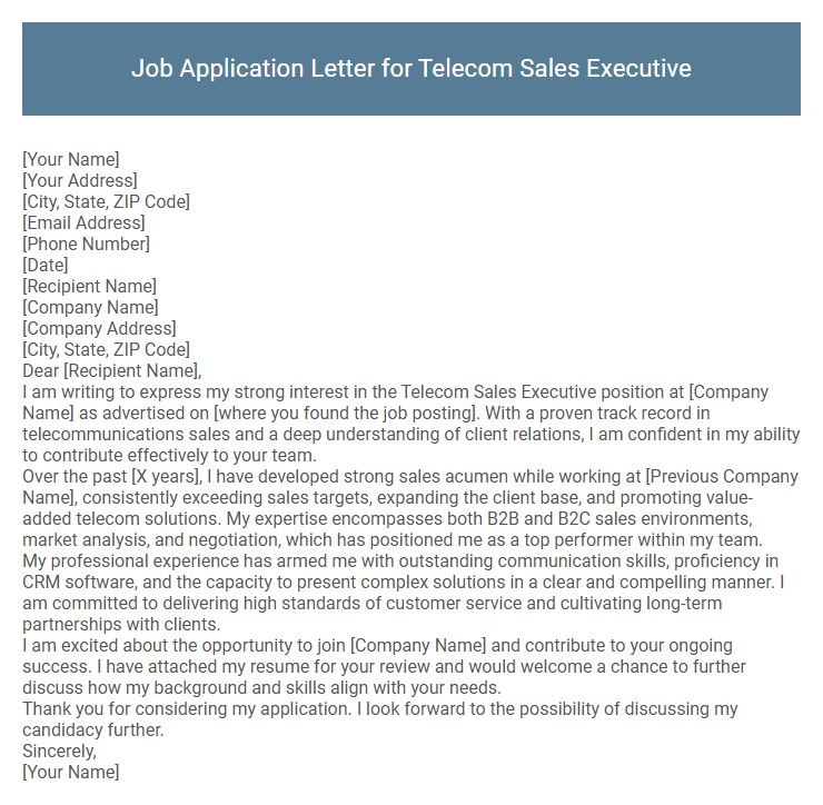 Job Application Letter for Telecom Sales Executive