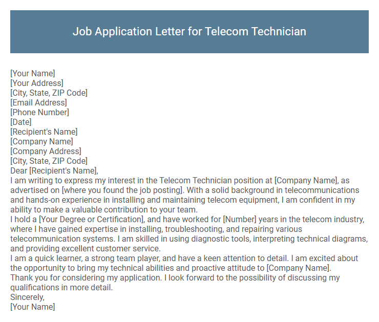 Job Application Letter for Telecom Technician