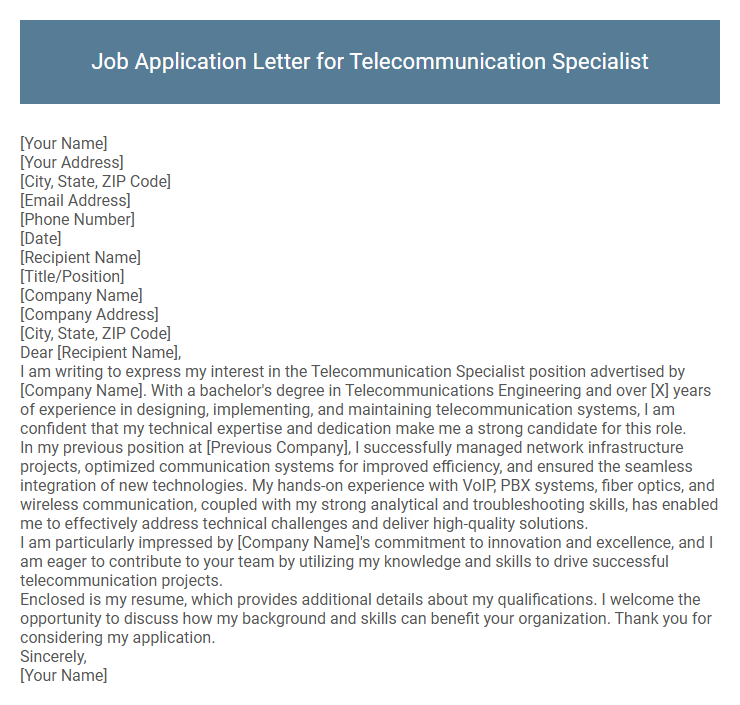 Job Application Letter for Telecommunication Specialist