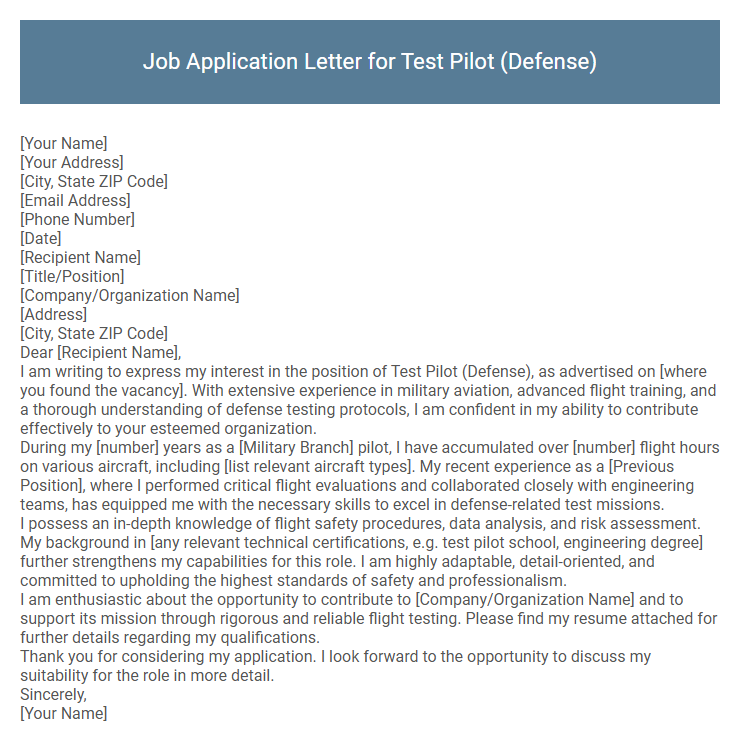 Job Application Letter for Test Pilot (Defense)