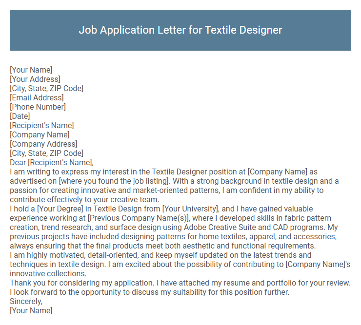 Job Application Letter for Textile Designer