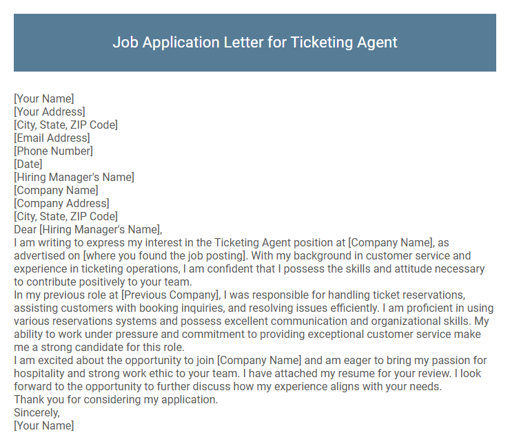 Job Application Letter for Ticketing Agent