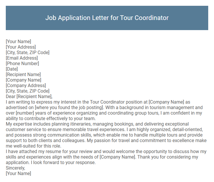 Job Application Letter for Tour Coordinator