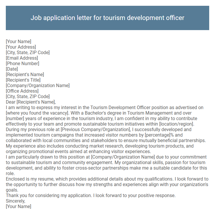 Job application letter for tourism development officer