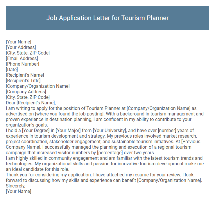 Job Application Letter for Tourism Planner