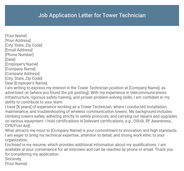 Job Application Letter for Tower Technician