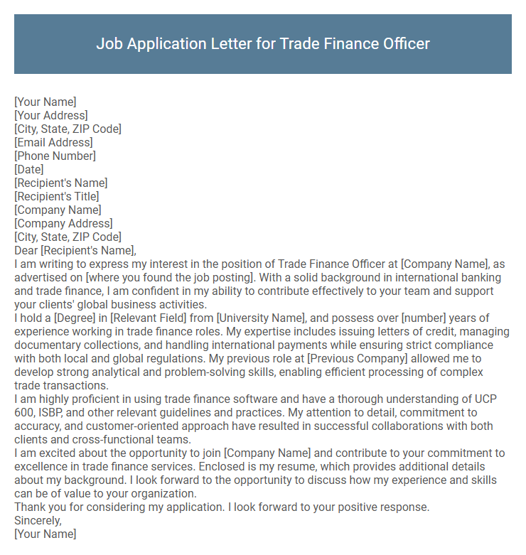 Job Application Letter for Trade Finance Officer