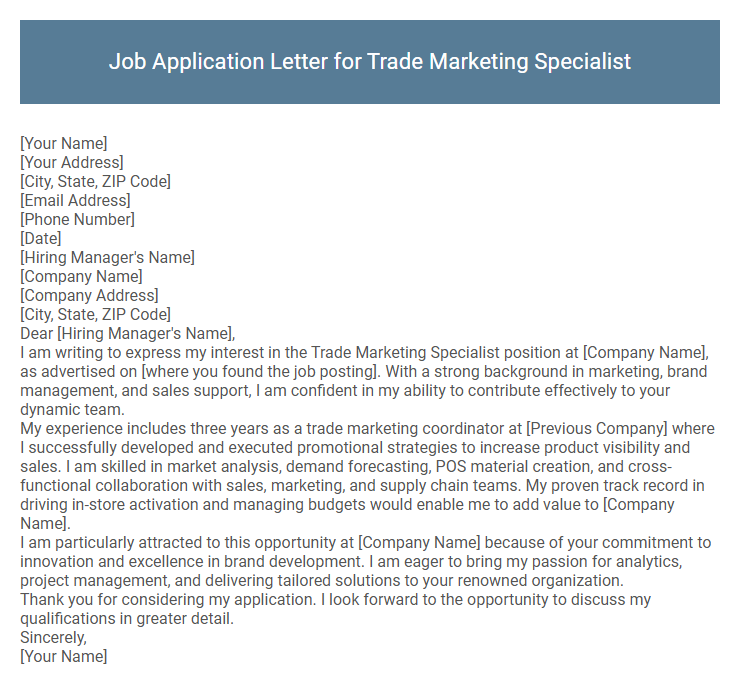 Job Application Letter for Trade Marketing Specialist