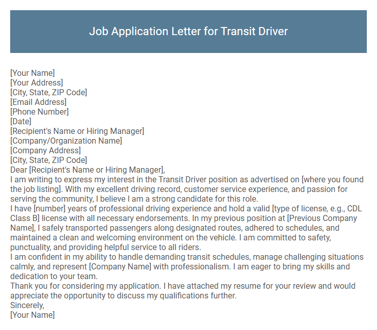 Job Application Letter for Transit Driver