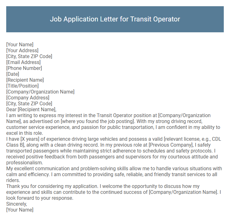 Job Application Letter for Transit Operator