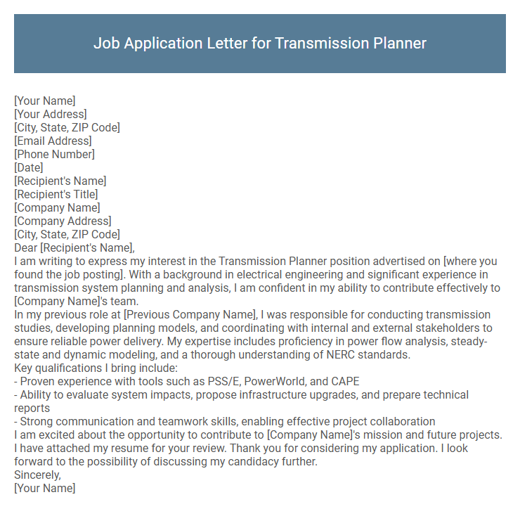 Job Application Letter for Transmission Planner