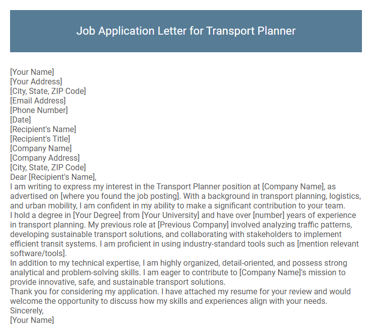 Job Application Letter for Transport Planner