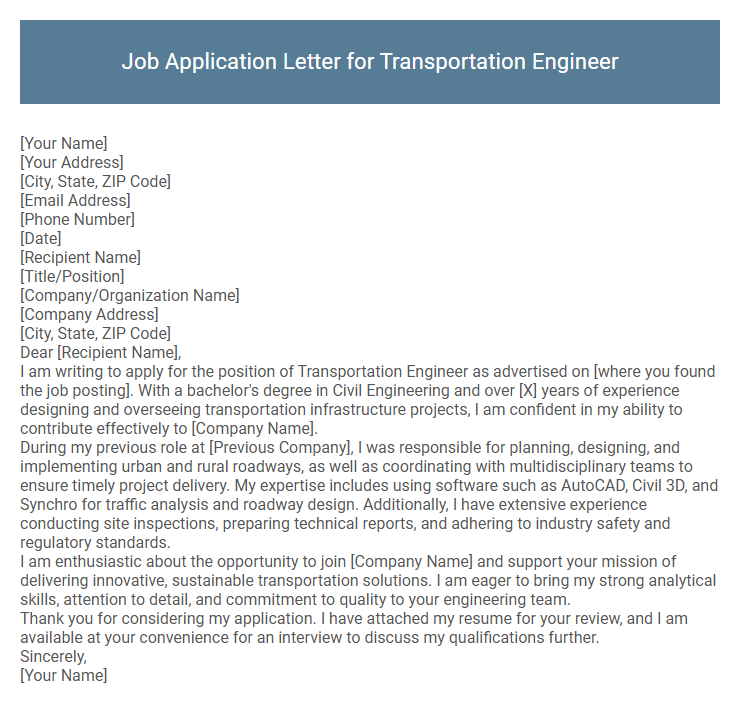 Job Application Letter for Transportation Engineer