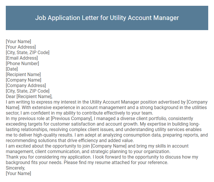 Job Application Letter for Utility Account Manager