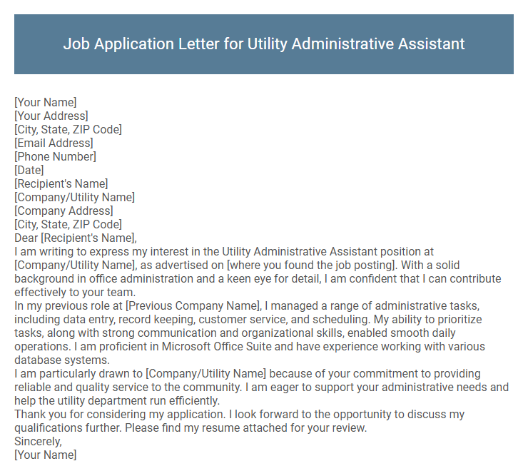 Job Application Letter for Utility Administrative Assistant