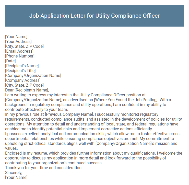 Job Application Letter for Utility Compliance Officer