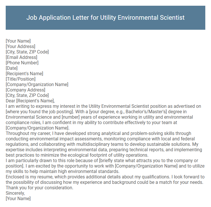 Job Application Letter for Utility Environmental Scientist