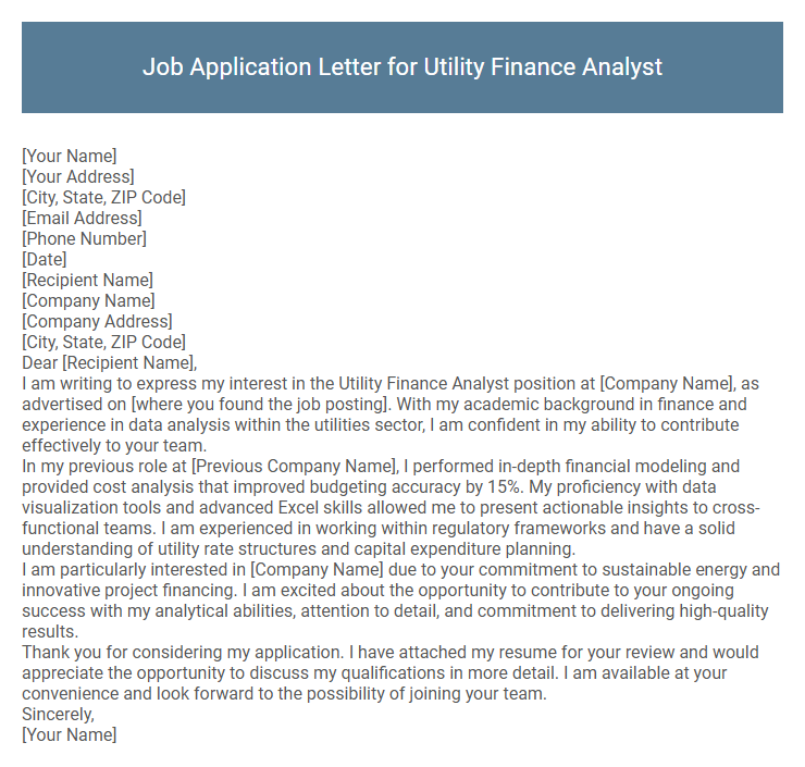 Job Application Letter for Utility Finance Analyst